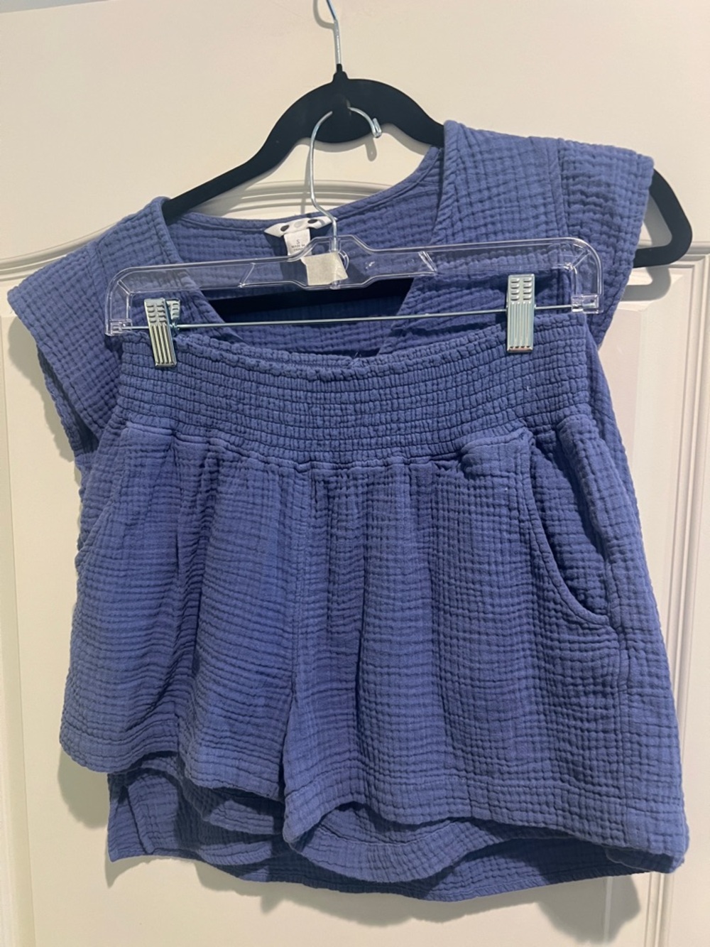 Three Dots cotton coordinating short set blue size medium bottom small top